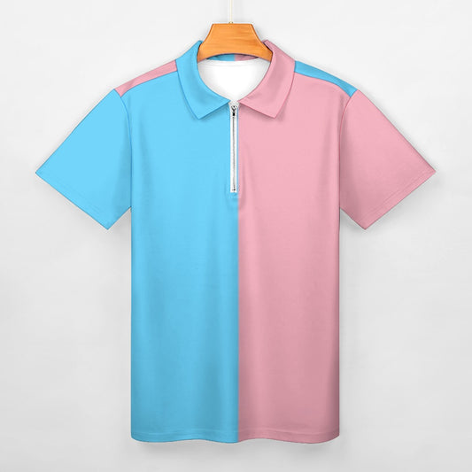 Plus Size Blue Pink White All Over Vive l'Paris Pride Half-Zip Boyfriend Polo