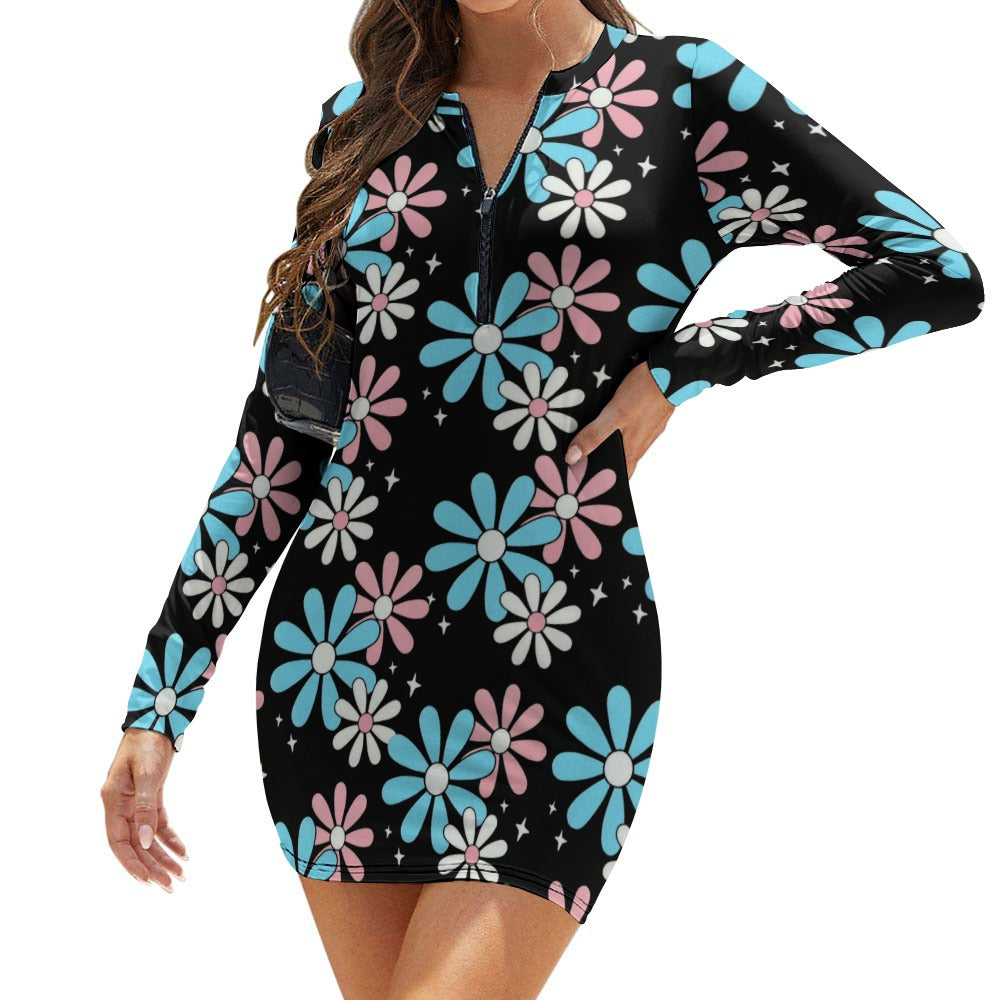 Women's Zipper Long Sleeve Hip Dress