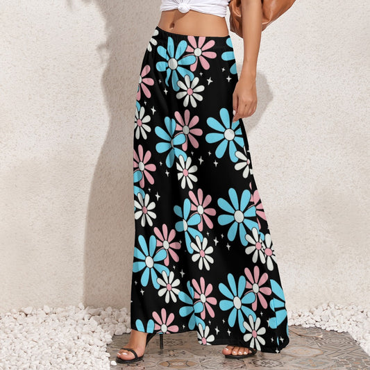 Plus Size Blue Pink White Big Daisies Series Black Wide-Legged Palazzo