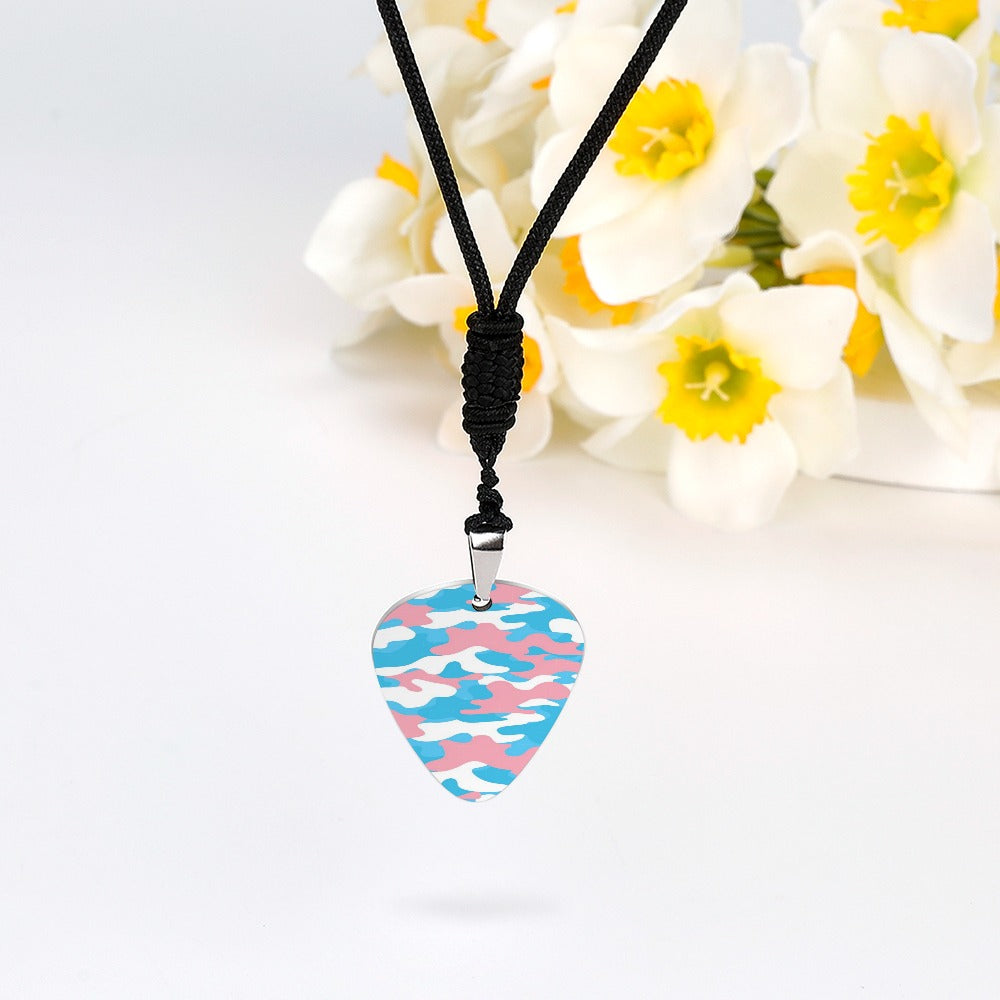 Blue Pink White Pride Camouflage Titanium Steel Guitar Pick Pendant Necklace