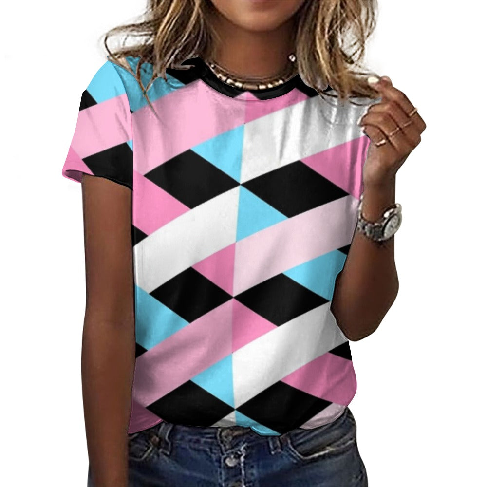 Teen - Plus Size Blue Pink White Pride Lattice Black Cotton T-Shirt