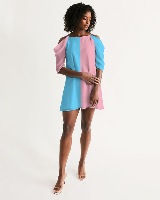 Pink/Blue Women's Open Shoulder A-Line Dress
