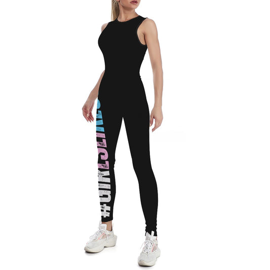 Blue Pink White 'GIRLSLIKEUS' Hashtag All Over Black Sleeveless Athleisure Jumpsuit