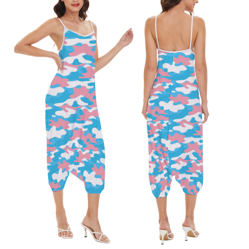 Plus Size Blue Pink White Pride Camouflage High-Waisted Straight-Leg Camisole Jumpsuit