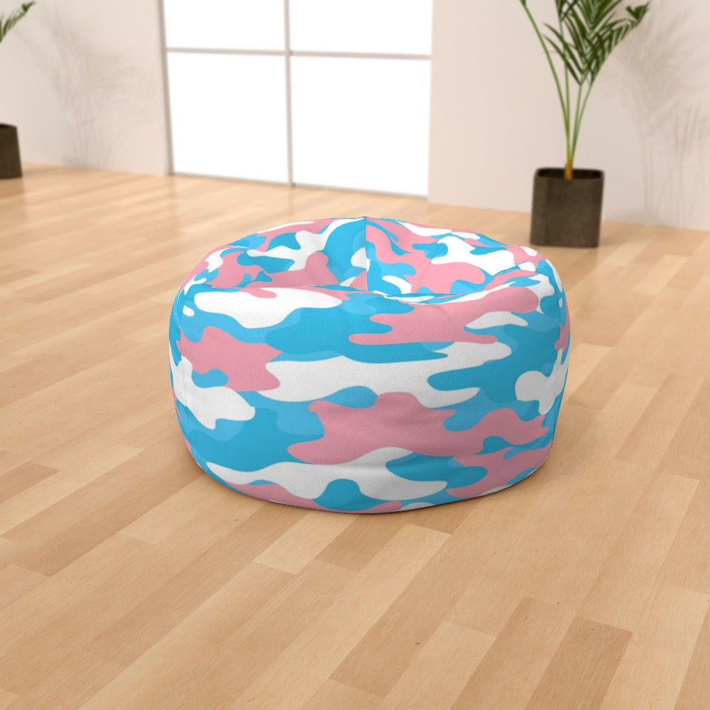 Blue Pink White All Over Trans Pride Camouflage Indoor/Outdoor Round Bean Bag