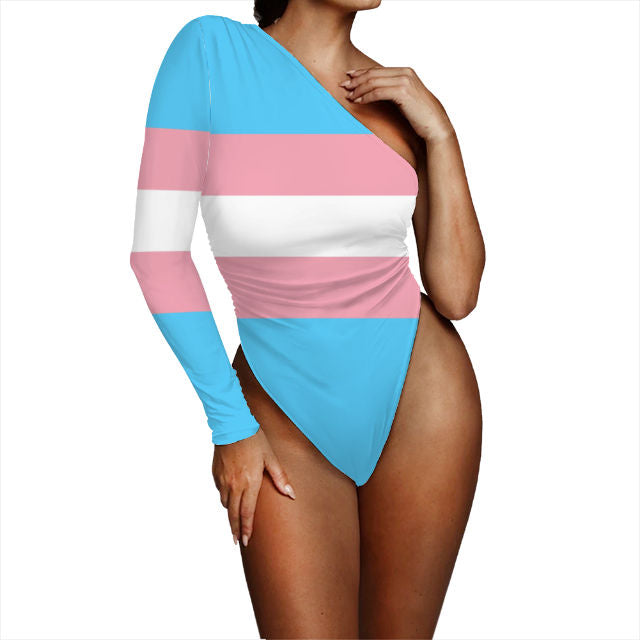 S-4XL Blue Pink White Pride One-Shoulder Bodysuit