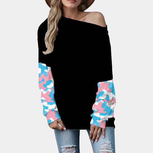 Plus Size Blue Pink White Pride Contrast-Sleeve Black Slouchy Fit Sweatshirt