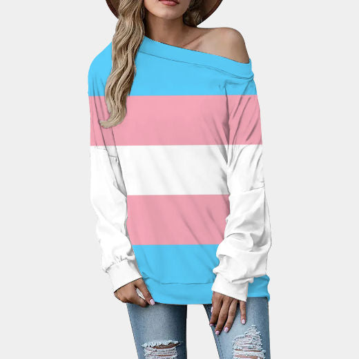 Plus Size Blue Pink White Pride Contrast-Sleeve Slouchy Fit Sweatshirt