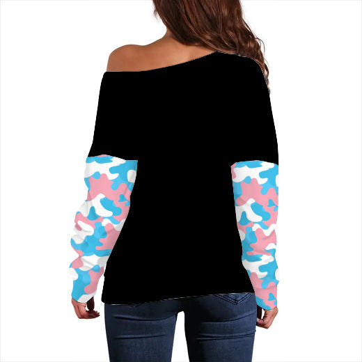Plus Size Blue Pink White Pride Contrast-Sleeve Black Slouchy Fit Sweatshirt