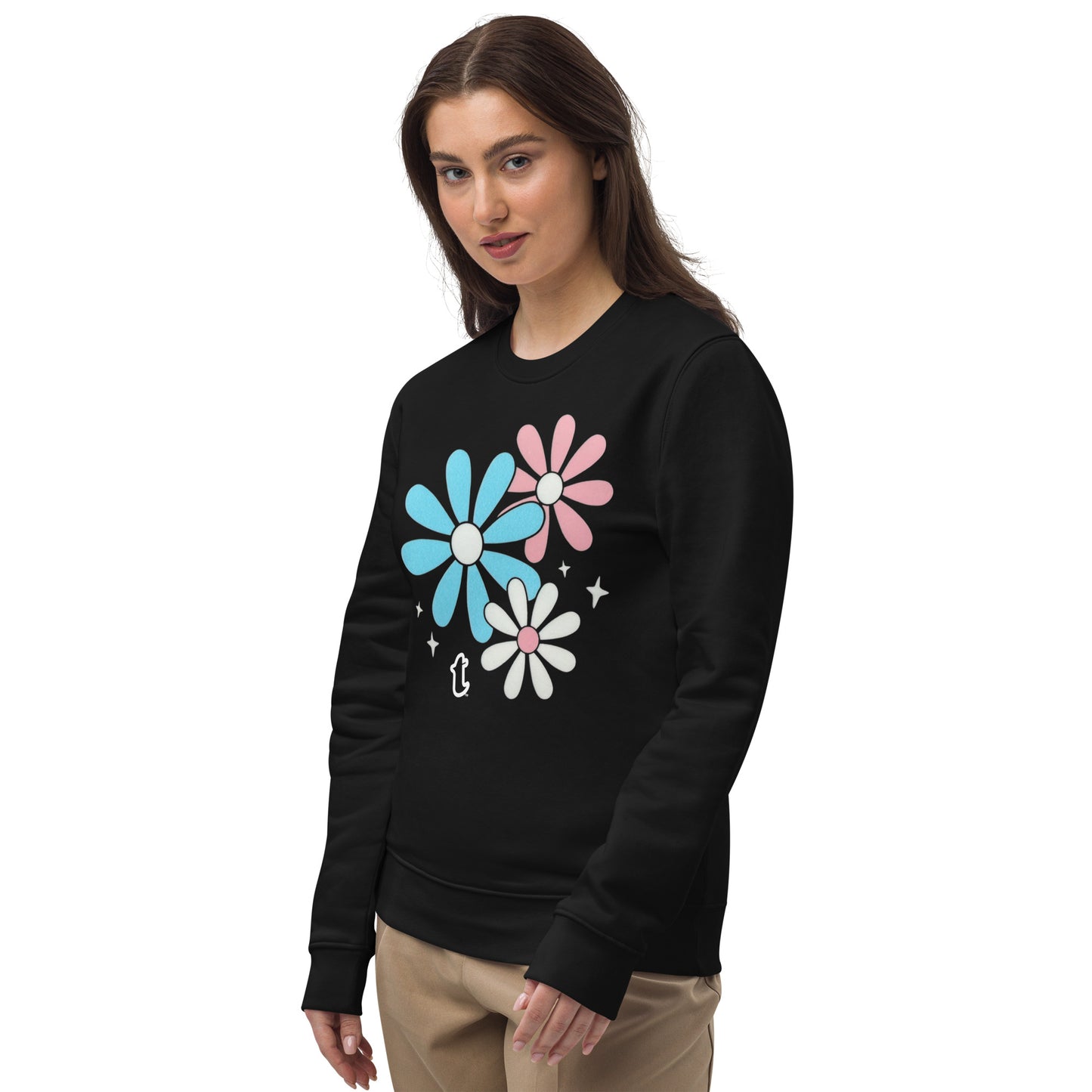Blue Pink White Big Daisy Pride Black Unisex Eco Sweatshirt