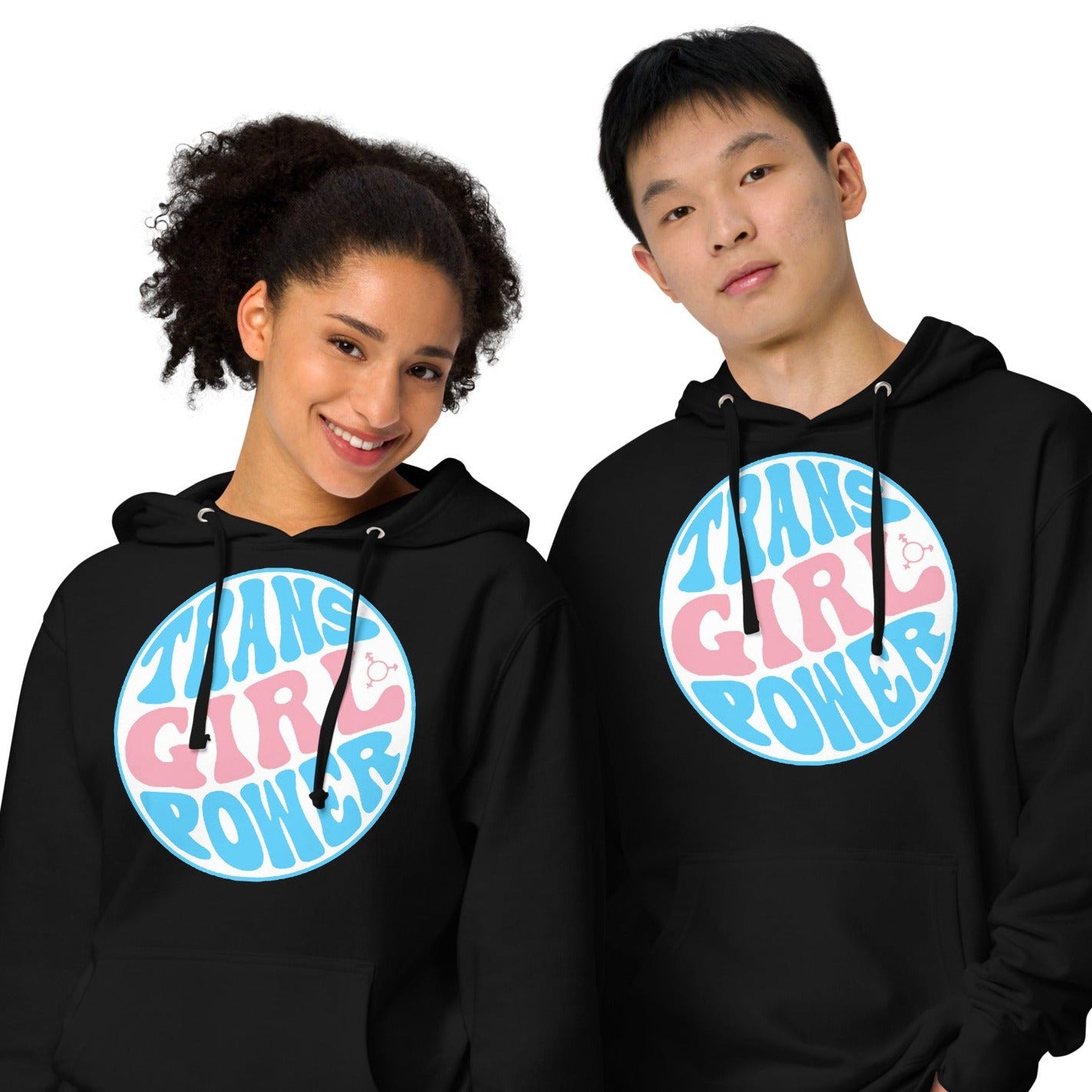Blue Pink White Teen 'TRANS GIRL POWER' Black Jersey Lined Hoodie