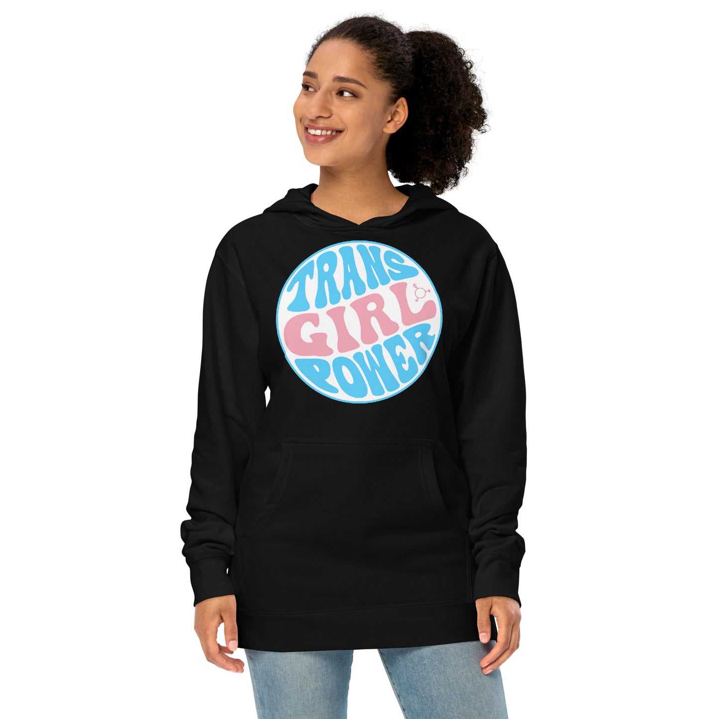 Blue Pink White Teen 'TRANS GIRL POWER' Black Jersey Lined Hoodie