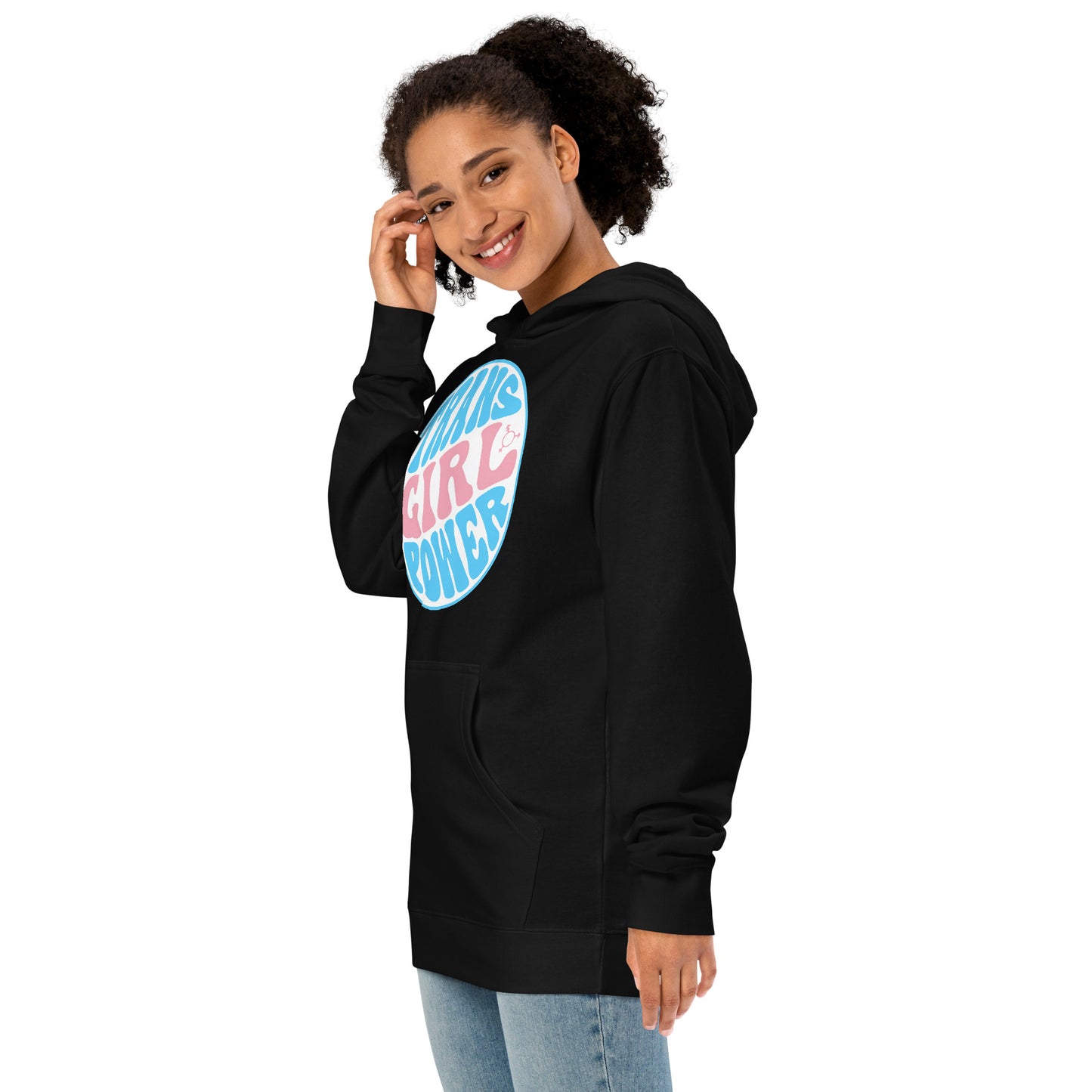 Blue Pink White Teen 'TRANS GIRL POWER' Black Jersey Lined Hoodie