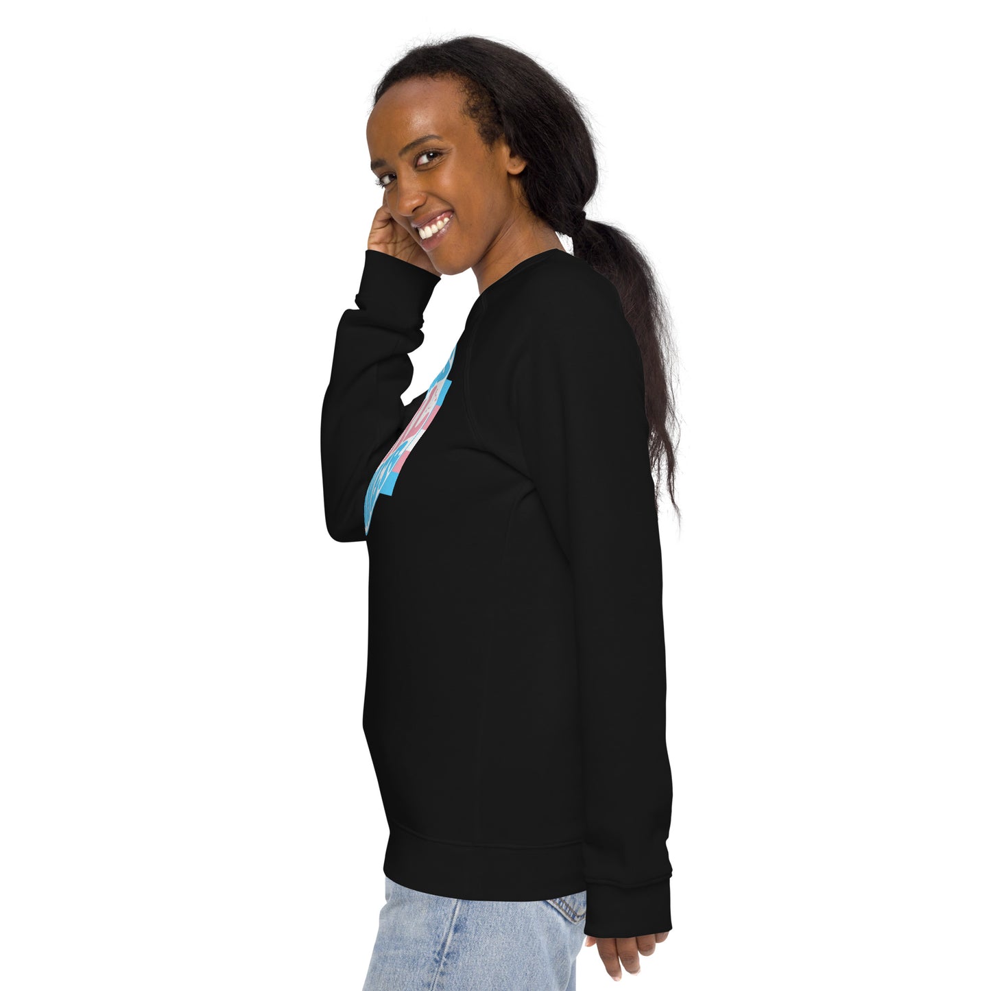Blue Pink White 'TRANS GIRL POWER' Raglan-Sleeved Black Organic Sweatshirt