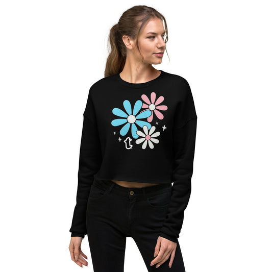 Blue Pink White Big Daisy Pride Black Crop Sweatshirt
