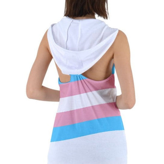 Blue Pink White Pride Ribbon White Hooded Racer-Back Tank Dress