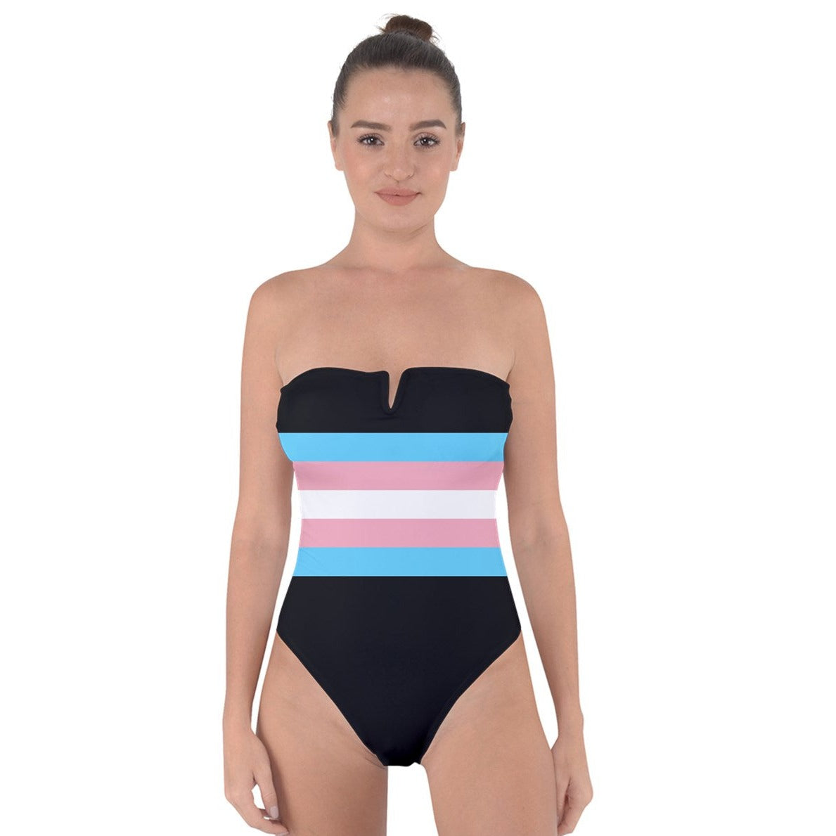 Plus Size Trans Coloured Trans Pride Black Strapless Tie-Back Swimsuit