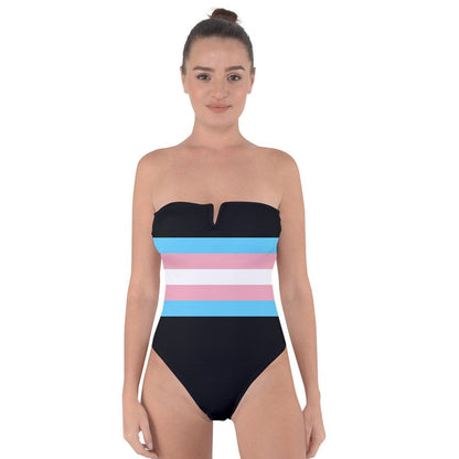 Plus Size Trans Coloured Trans Pride Black Strapless Tie-Back Swimsuit