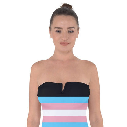 Plus Size Trans Coloured Trans Pride Black Strapless Tie-Back Swimsuit