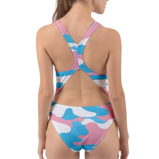 Trans Coloured Camouflage Cut-Out-Back Swimsuit