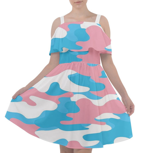 Blue Pink White All Over Pride Camouflage Cut-Out Shoulders Chiffon Dress