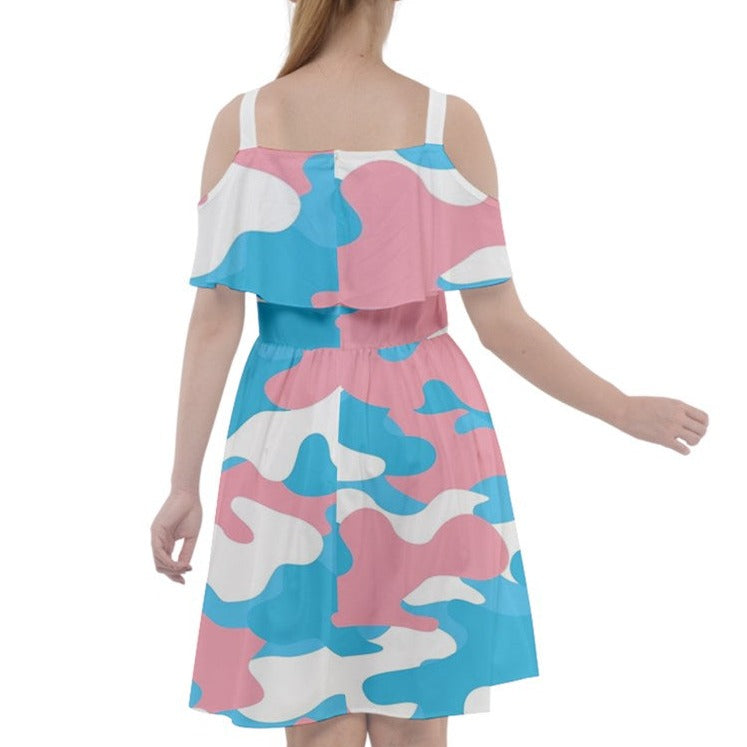 Blue Pink White All Over Pride Camouflage Cut-Out Shoulders Chiffon Dress