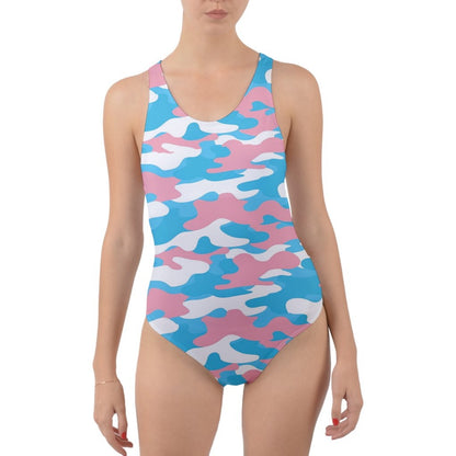 Teen - Plus Size Blue Pink White Pride Camouflage Cut-Out Back Swimsuit