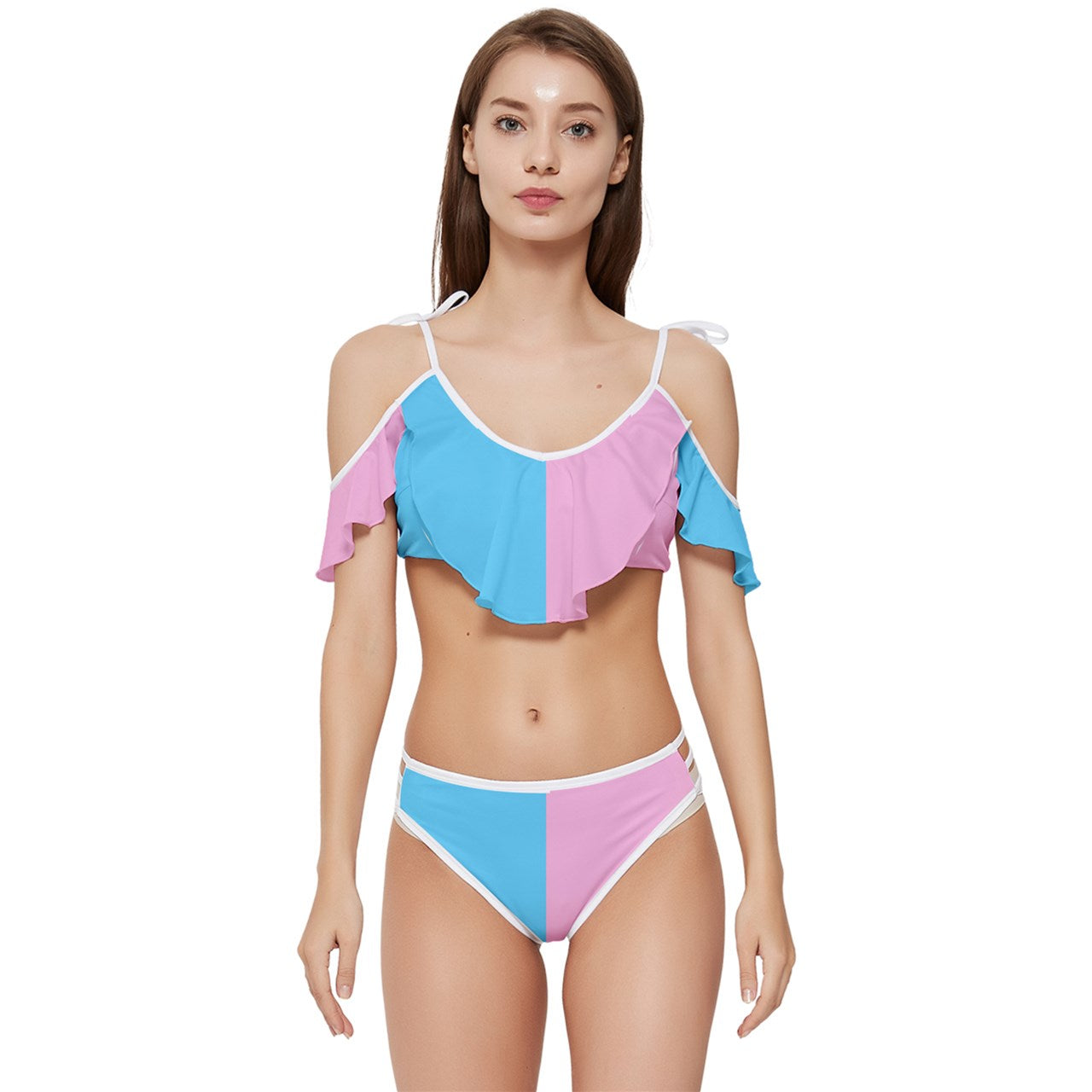 XS-5XL Blue Pink White Pride Ruffle Edged Tie-Up Bikini-Set