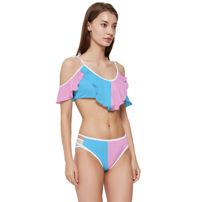 XS-5XL Blue Pink White Pride Ruffle Edged Tie-Up Bikini-Set