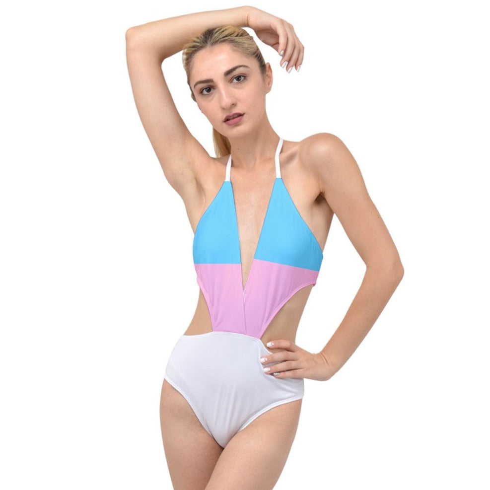 XS-3XL Blue Pink White Pride Plunging Cut-Out Swimsuit