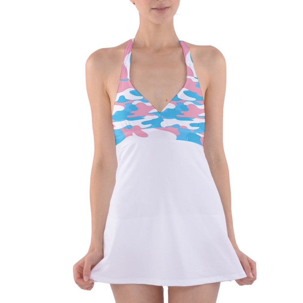 XS-5XL Blue Pink White Pride Camouflage Halter-Dress Swimsuit