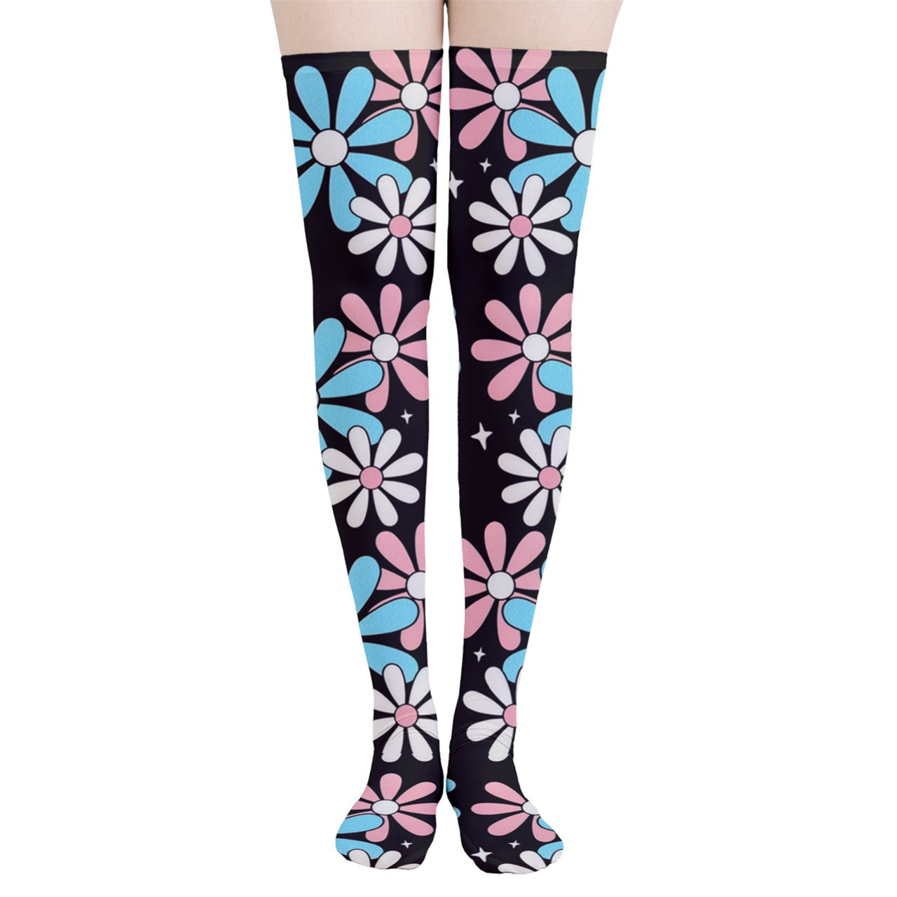 Teen Blue Pink White Pride Big Daisies Thigh-High Stockings