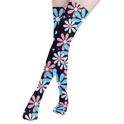 Teen Blue Pink White Pride Big Daisies Thigh-High Stockings