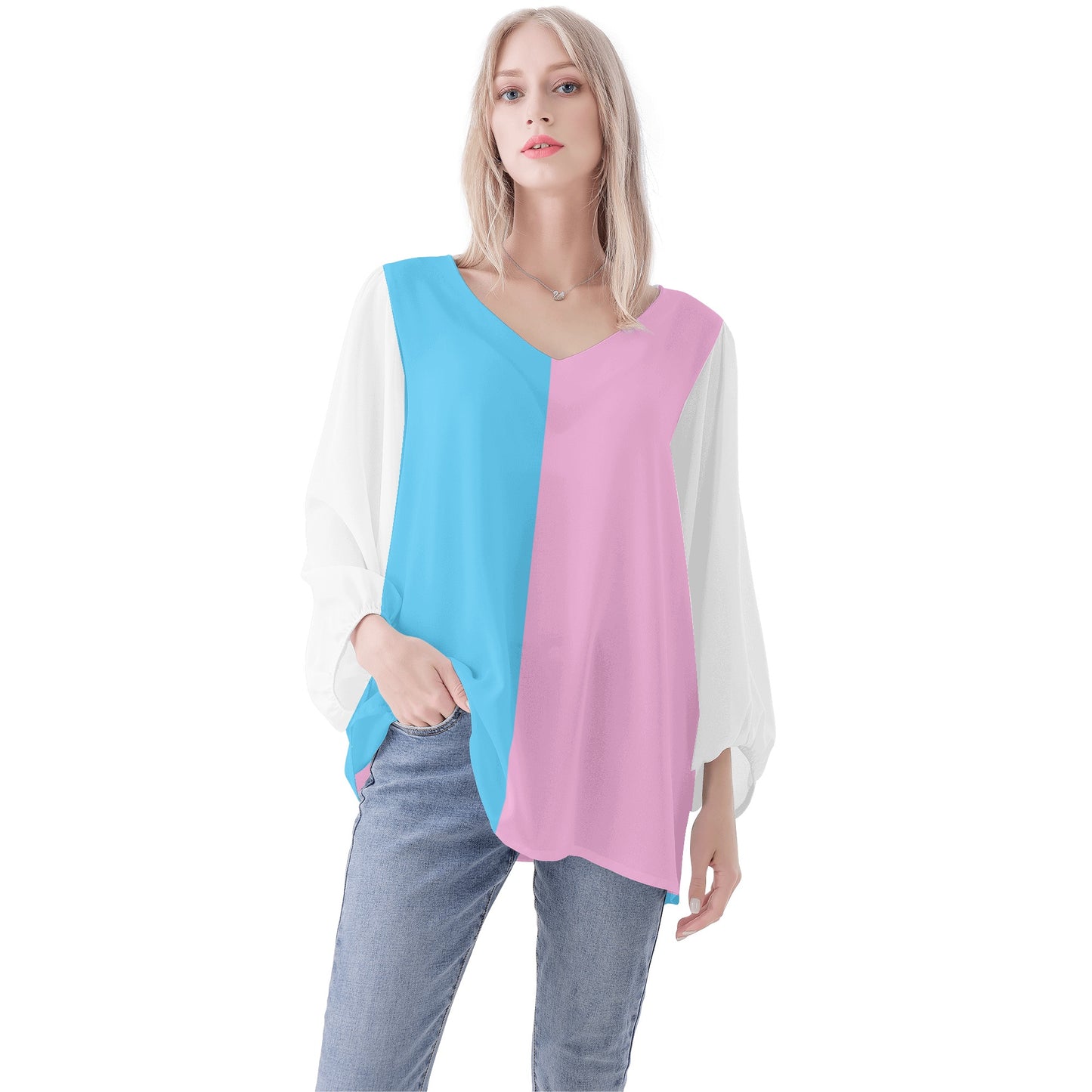 Teen - Plus Size Blue Pink White Pride Puff Sleeve Blouse