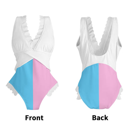 S-4XL Blue Pink White Pride Cross-Front Ruffle Edged Bathing Suit