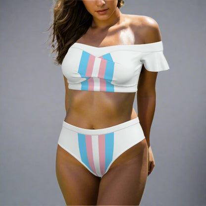 S-6XL Pride White Bikini Swimsuit with Ruffle Sleeves