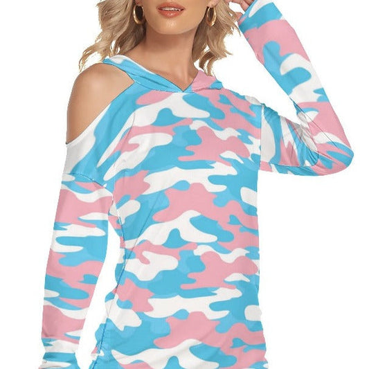 Blue Pink White Hooded All Over Pride Camouflage One-Shoulder Dress