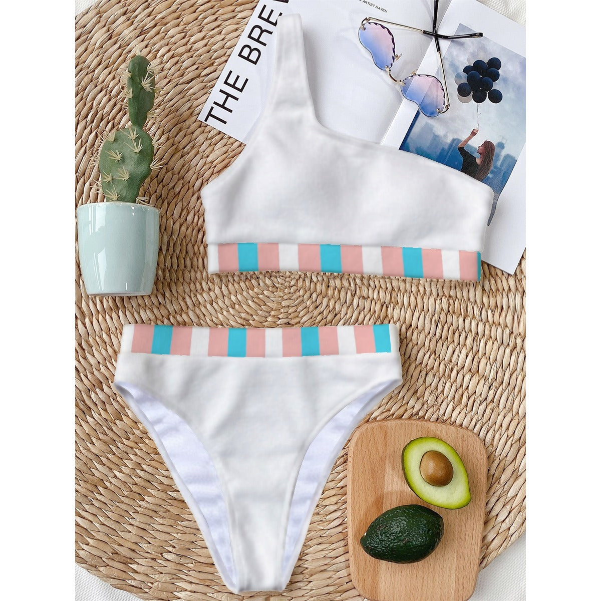 Trans Colored Trans Pride Candy Striped Detail White Single Shoulder Bikini