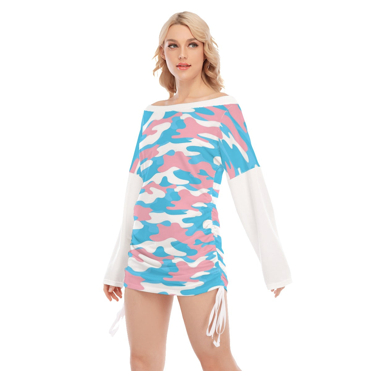 Blue Pink White Teen All-Over Trans Camouflage Off-Shoulder Ruched Hip Dress