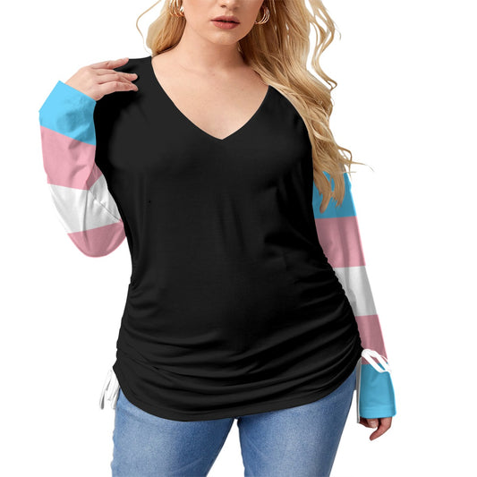 All-Over Print Women’s V-neck T-shirt With Side Drawstring(Plus Size)