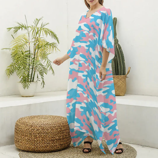 Trans Coloured Pride Camouflage Imitation Silk V-Neck Kaftan Robe