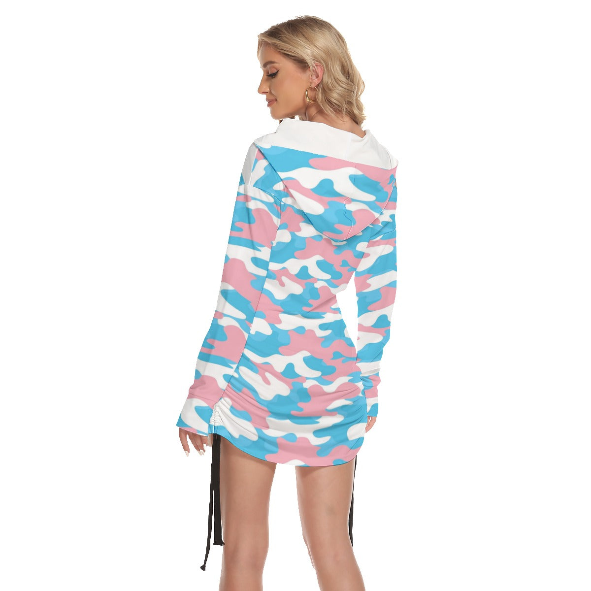 Blue Pink White Hooded All Over Pride Camouflage One-Shoulder Dress