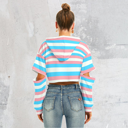 Teen Blue Pink White Cut-Sleeved Cropped Hoodie