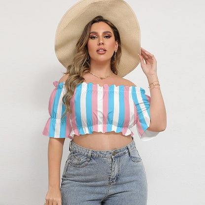 Plus Size Trans Coloured Pride Candy Striped Off-Shoulder Cropped Top With Short Puff Sleeve