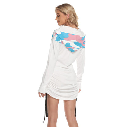 Blue Pink White Hooded All Over Transcolors Camoflage/White One-Shoulder Dress