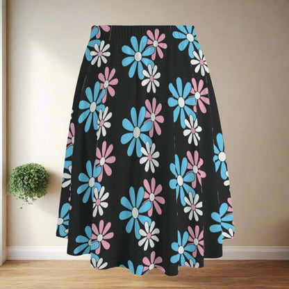 XS-6XL Blue Pink White Daisies Long Black Maxi Skirt w/Pockets