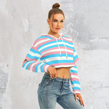 Teen Blue Pink White Cut-Sleeved Cropped Hoodie