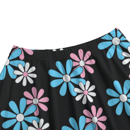 XS-6XL Blue Pink White Daisies Long Black Maxi Skirt w/Pockets