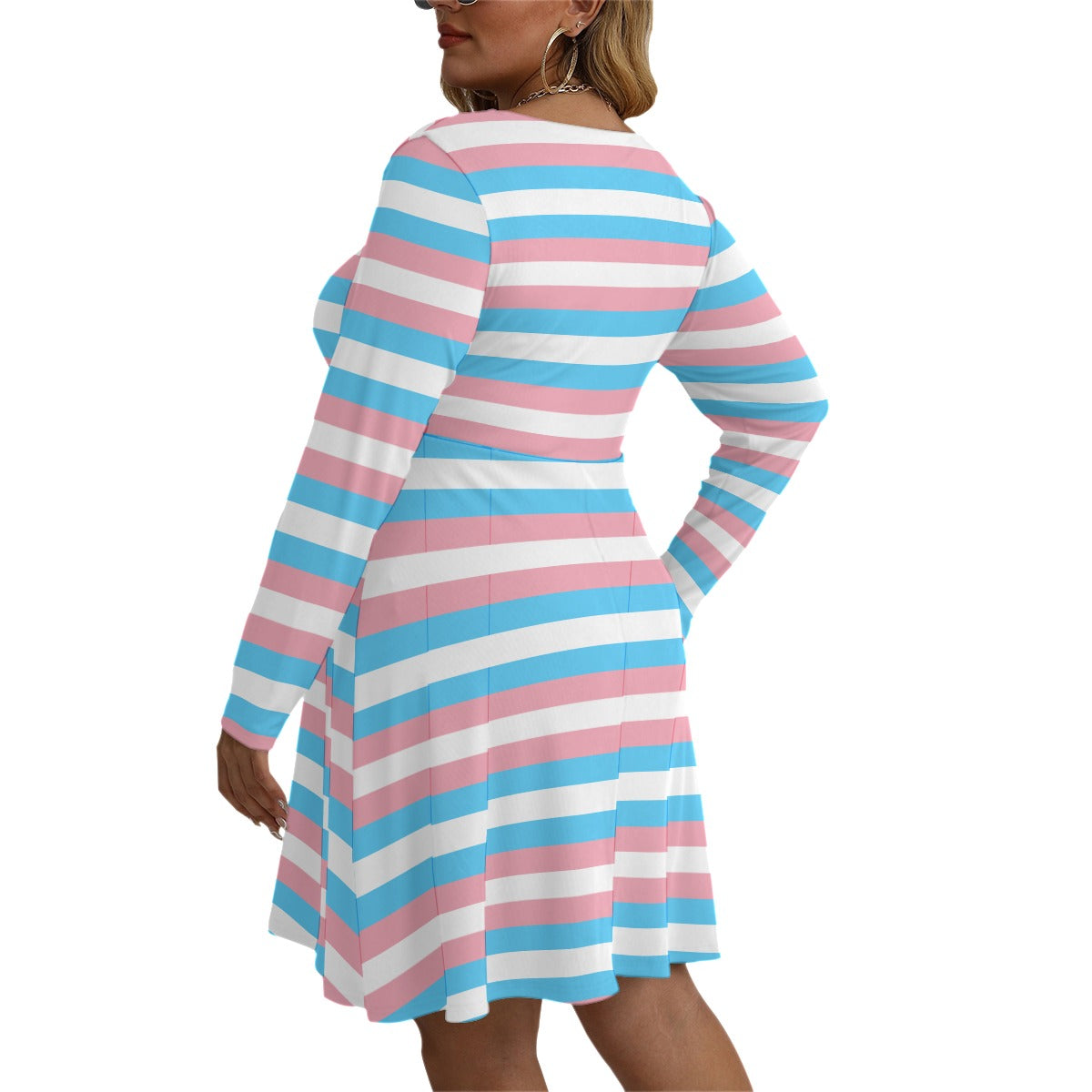 Plus Size Trans Coloured Ribbon Classic V-Neck Long-Sleeved Dress