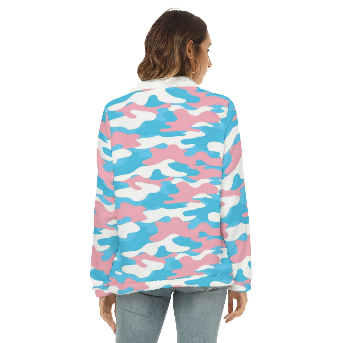 Blue Pink White All-Over Camouflage Pride Print Borg Fleece Sweatshirt